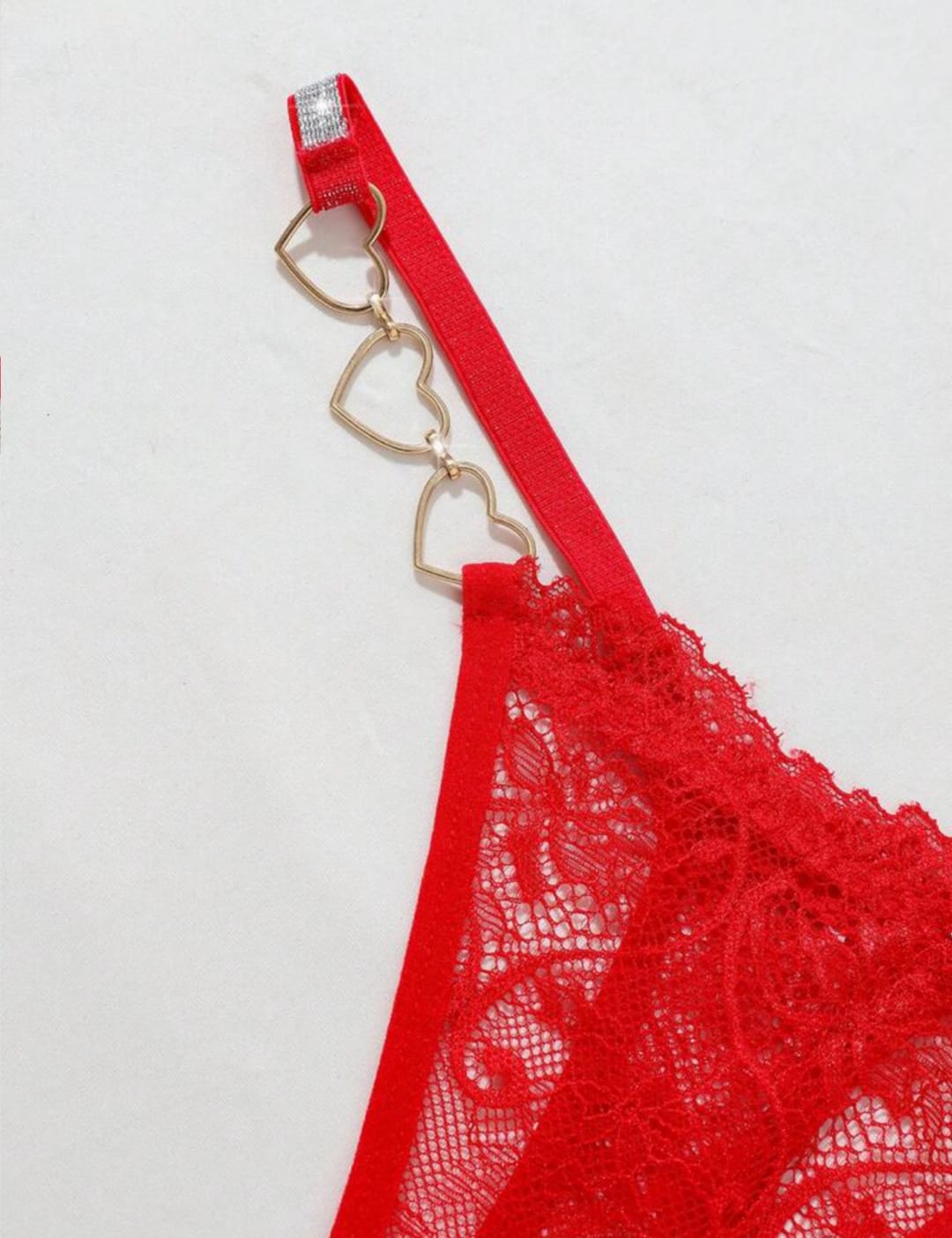 Women's Red Lace Lingerie Thong with Gold Heart Chain Sides
